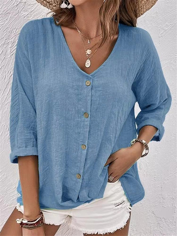 Women's V-Neck Seven Sleeve Loose Fit Shirt Multiple Colors