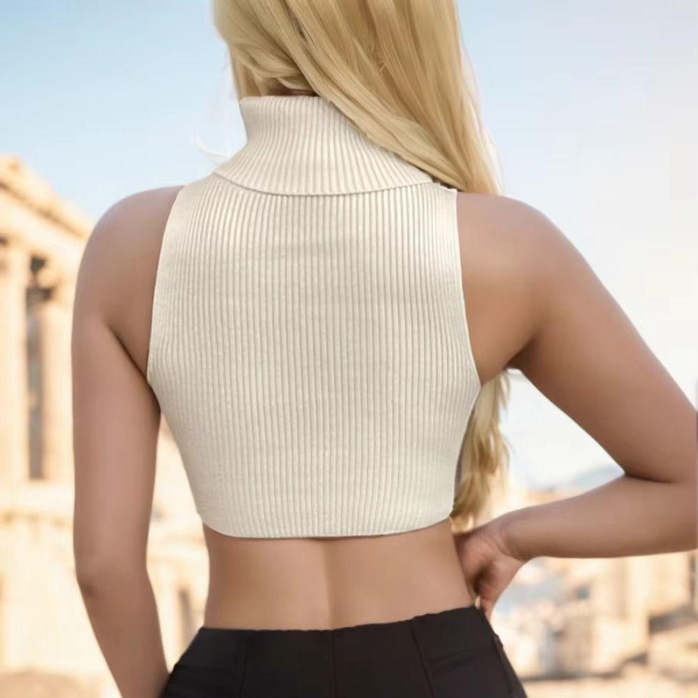 Sleeveless Design Sleeveless Corset Knit Fabric Turtleneck Crop Top Sexy Sexy Slim Vest  For Women