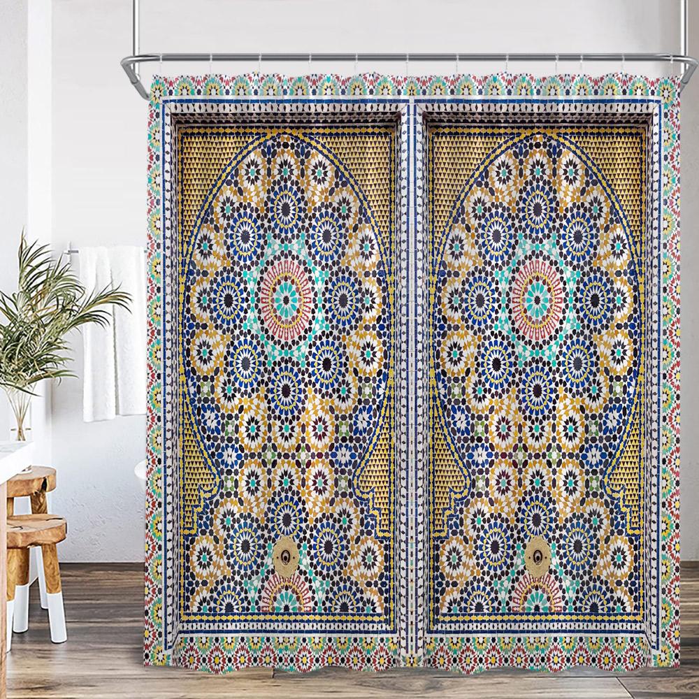 3D Moroccan Vintage Shower Curtain Aged Gate Geometric Pattern Doorway Design Entrance Architectural Oriental Style Bathroom Cur