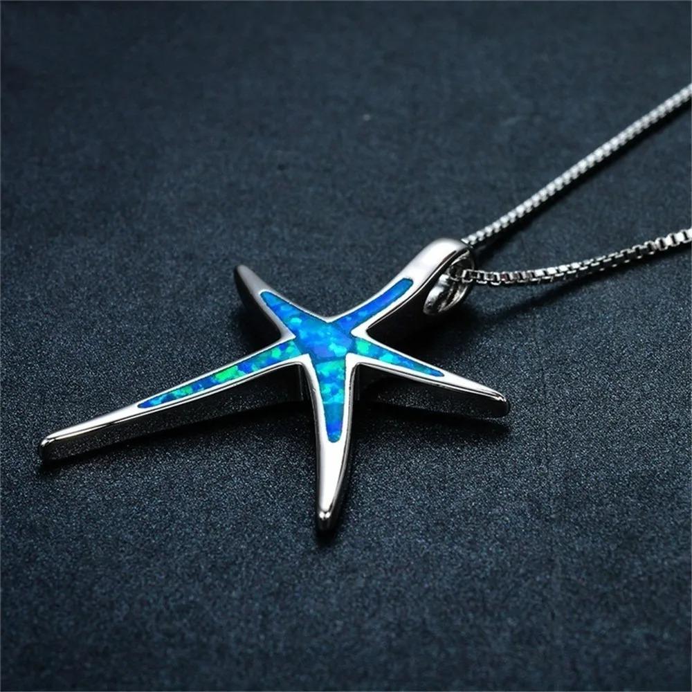 Boho Cute Sea Animal Starfish Pendant Necklace For Women Inlay Imitation Blue Opal Necklace Wedding Party Jewelry Gifts