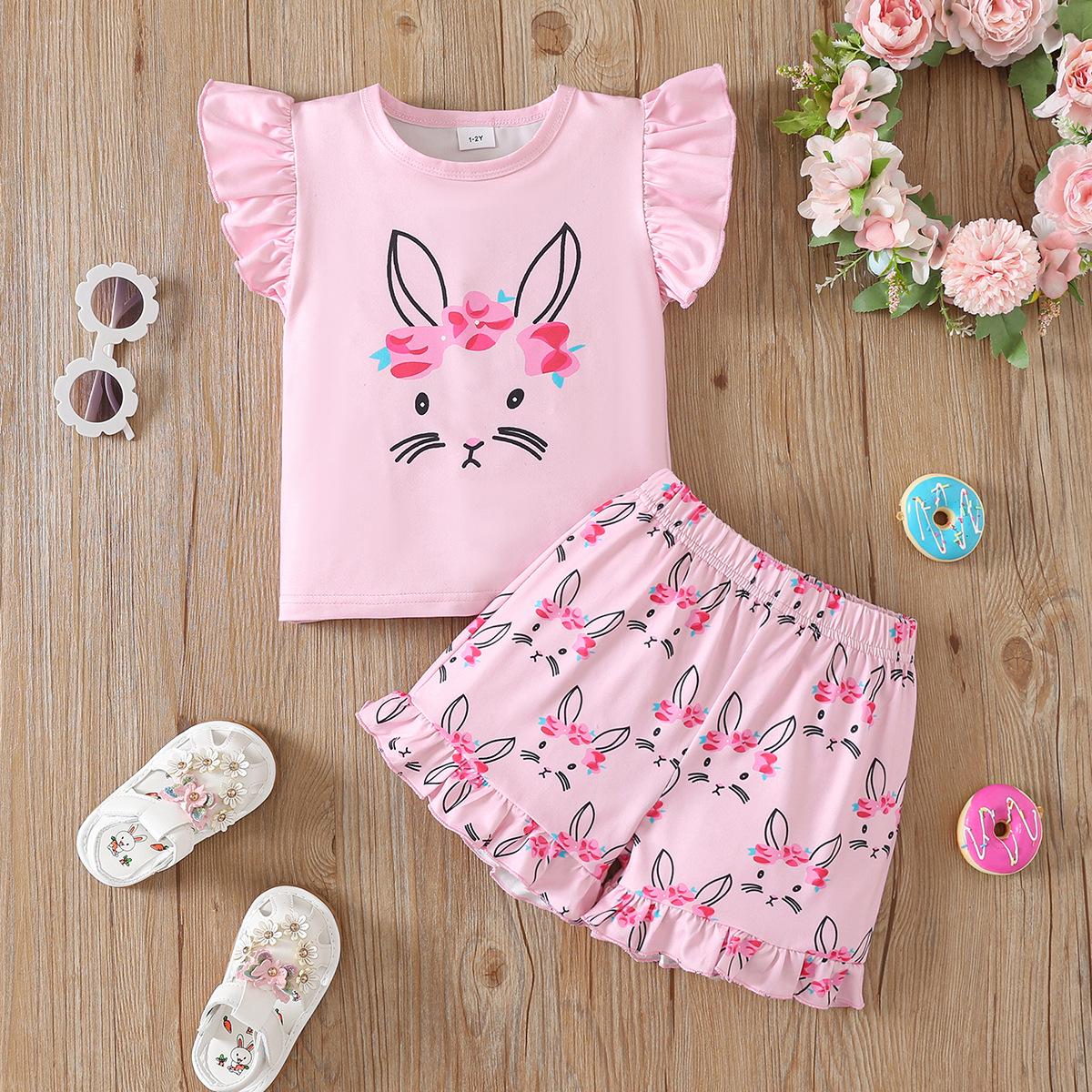 Girls  Easter Rabbit Puff Sleeve Summer Set with Cartoon Flowers 5-6Y розовый