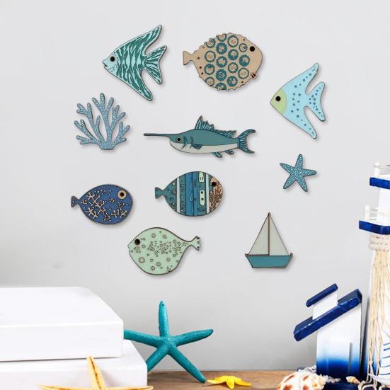 10 Pcs Wood Nautical Wall Decor Rustic Beach Theme Fish Starfish Sailboat Coral Wall Art Coastal Ocean Hanging Sculpture for Living Room Bedroom