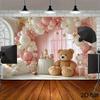 A Two-dimensional Flat Background Decorated with Pink and White Balloon Ribbons and a Large Teddy Bear Toy