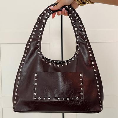 Retro Shoulder Bag with Studs On the Armpits Motorcycle-style Wasteland Bag Waxed Oil Leather Women's Bag