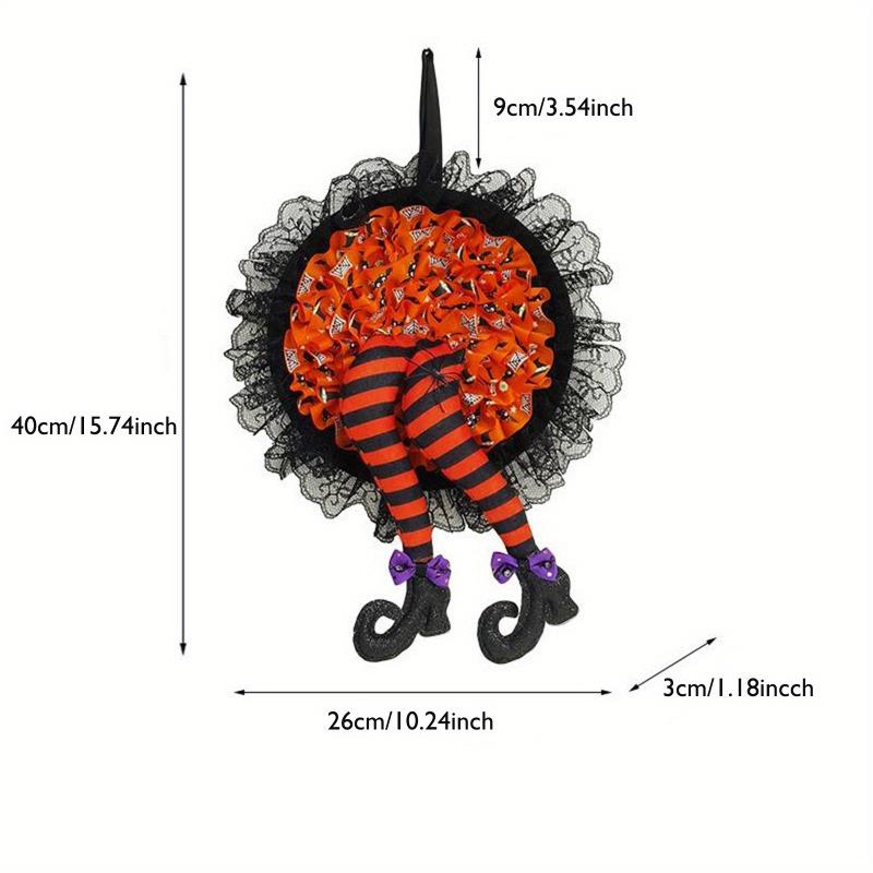 Halloween Wreath Witch, Halloween Wreaths for Front Door with Witch Hat Leg Mesh Decor, Halloween Decorations Indoor Outdoor
