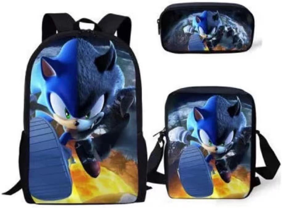 Sonic Primary School Student Schoolbag Three-Piece Set, Animation Cartoon Backpack, Shoulder Bag Pencil Case