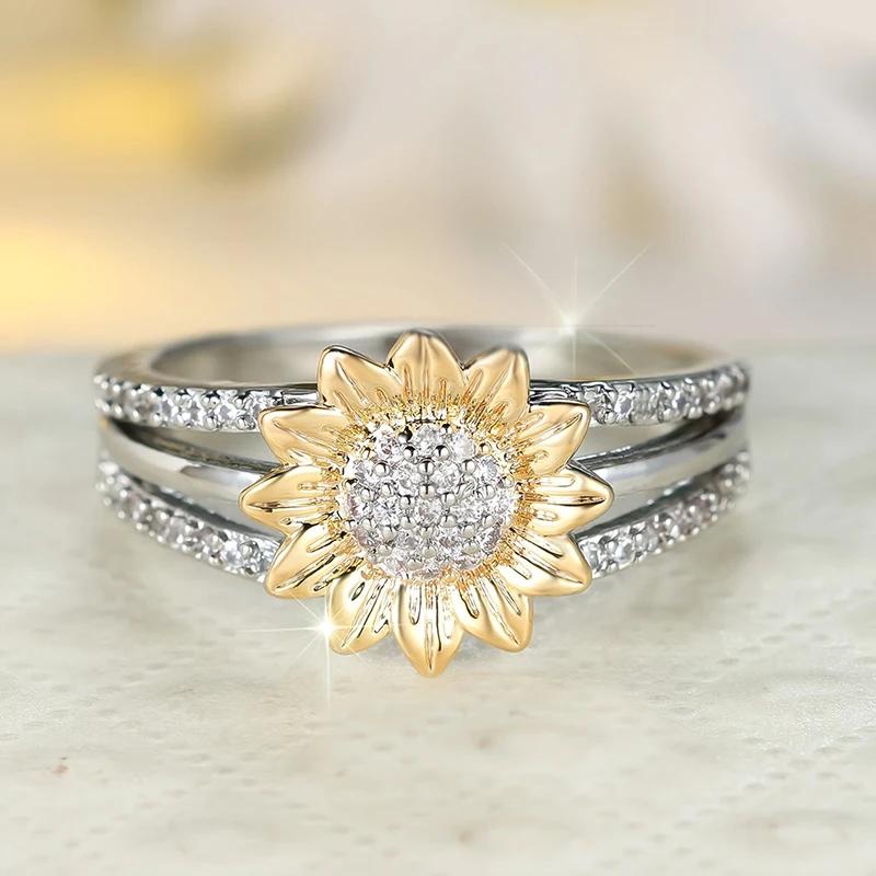 Fresh Style Sunflower Two Tone Ring for Women Party Holiday with Shiny CZ Woodland Accessories Daily Gentle Jewelry Gift