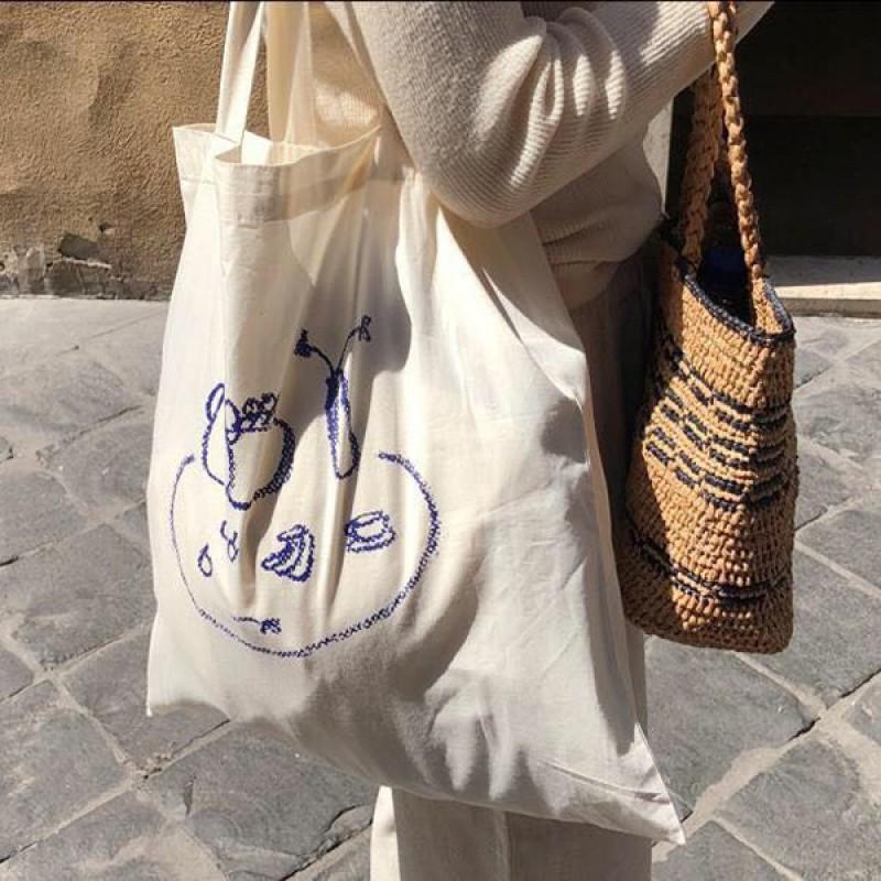 South Korea Ins Style Official Website Similar Thin Cotton Grey Cloth Bag All-matching Casual Abstract Printed Shoulder Environmentally Friendly