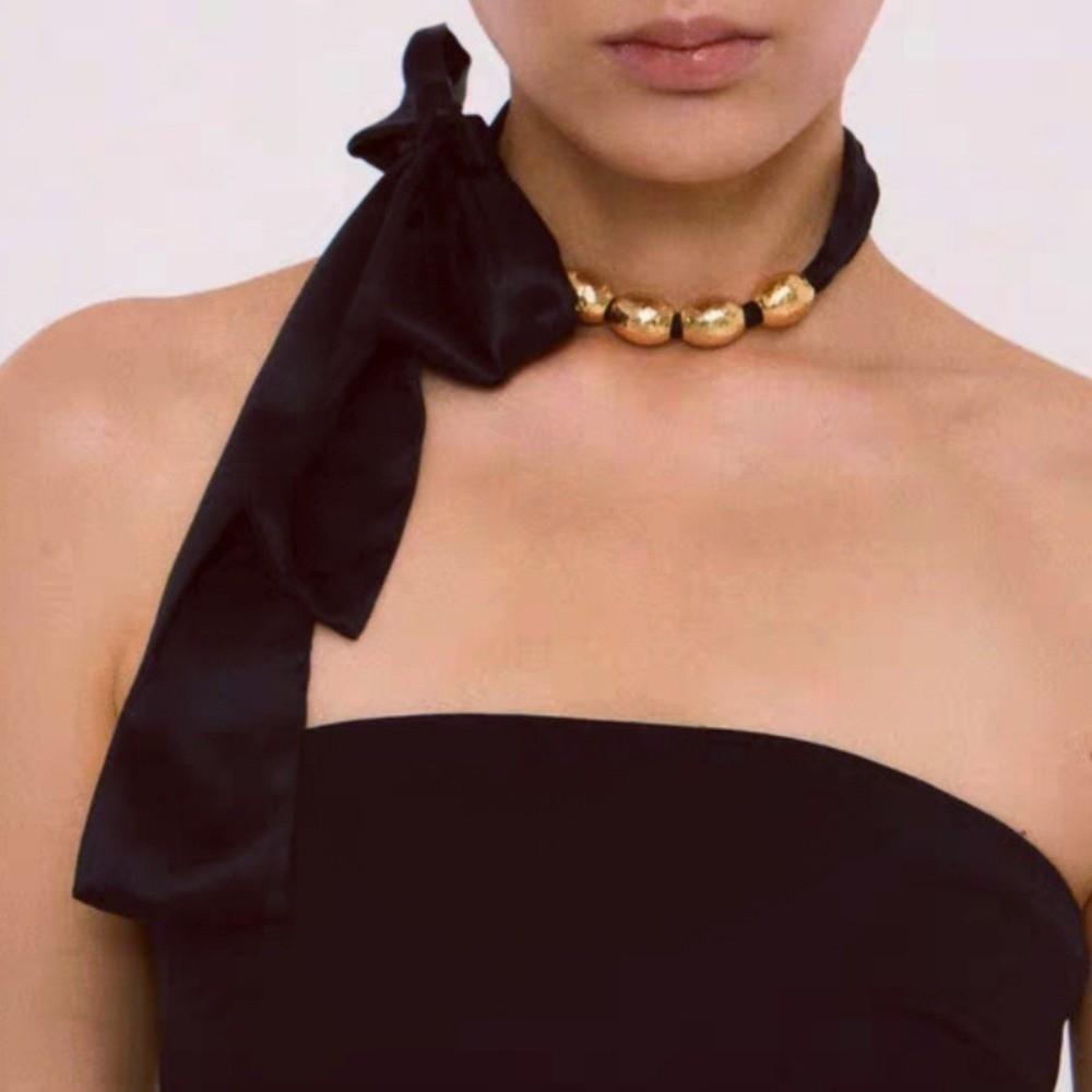 Personality Lace-up Collarbone Chain Elegant Ribbon Choker Beaded Silk Scarf Necklace  Decoration