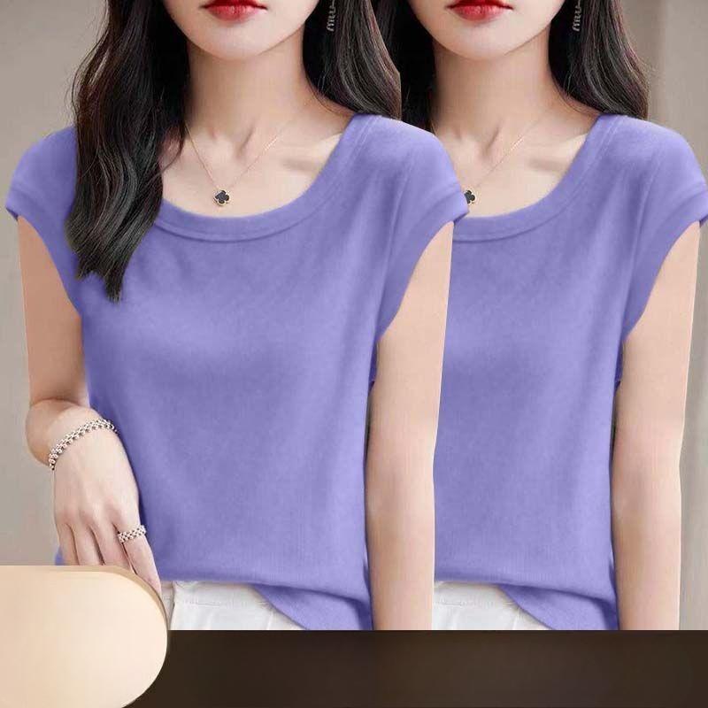 Women Modal T Shirt Short Sleeve Summer Slim Fit Flutter Sleeve Round Neck Comfortable Casual Tee