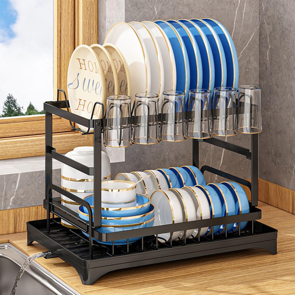 Dish Drying Rack for Countertop Aluminum 2 Tier Dish Rack with Drainboard and Utensil Holder for
