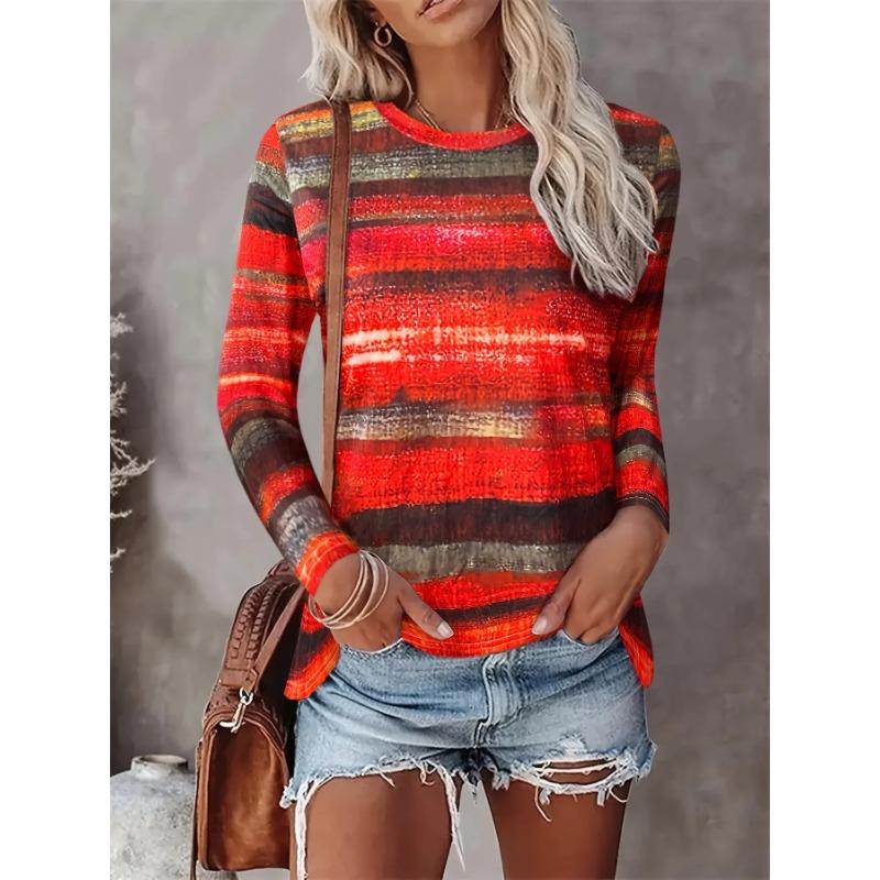 

Round Neck 3D Retro Striped Printed Top Fashionable Casual Long Sleeved Women s T-shirts 3XL