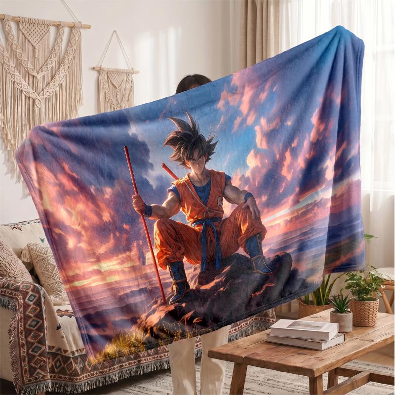 Goku Printed Flannel Blanket, Skin Friendly Warm Throw for Indoor Couch Bed Daily Use