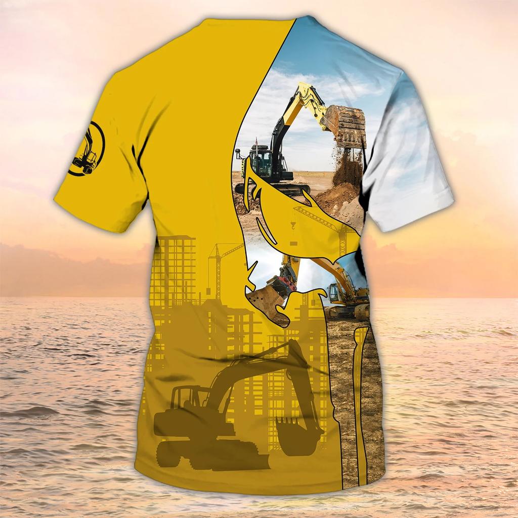 Summer Round Neck 3D Excavator Pattern Print Top Fashionable Casual Short Sleeved Men's T-shirts