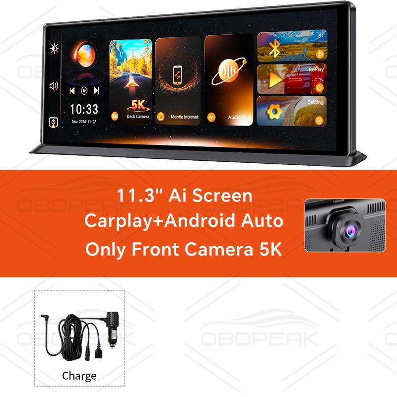 

OBDPEAK K8 Pro Передній 5K Задній 1080P Відеореєстратор 11,3 Сенсорний AI Екран Carplay & Android Auto GPS Навігація Нічне бачення DVR With 64G TF Card