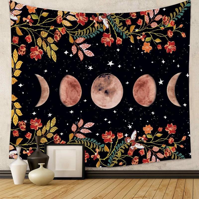 Boho Chic Wall Tapestry With Moon Phase Floral Starry Sky Design Bedroom Yoga Studio Decor