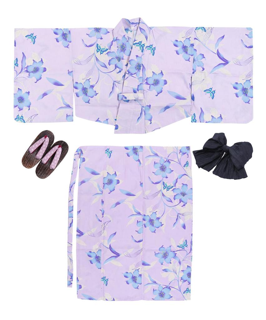Yukata Two Change Set Heiko Junior Girls Butterfly [KYOETSU] Set, Yukata, Parts, Girls, Unbleached, Weave, 3-piece (Yukata, Obi, Geta), (6. Dream,