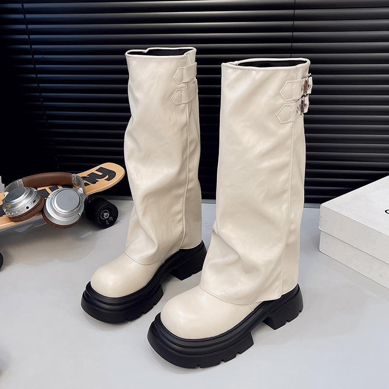 Women Knee High Knight Boots Platform Chunky Shoes 2025 Elegant New Winter Goth Pleated Woman Party Dress Botas Mujer