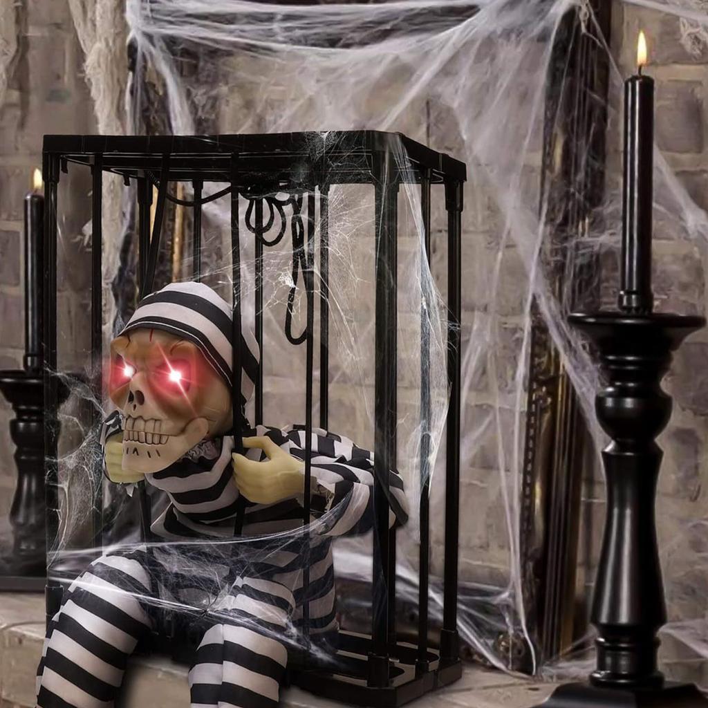 Halloween Scream Skull Cage Prisoner with Automatic Sensors Activation For Haunted Garden Or Indoor Scare Shows