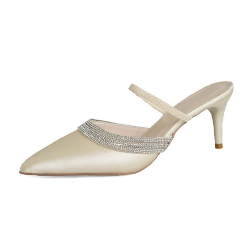 Fashion niche champagne rhinestone high heels women's spring stiletto silk sexy bridal wedding shoes bag head sandals