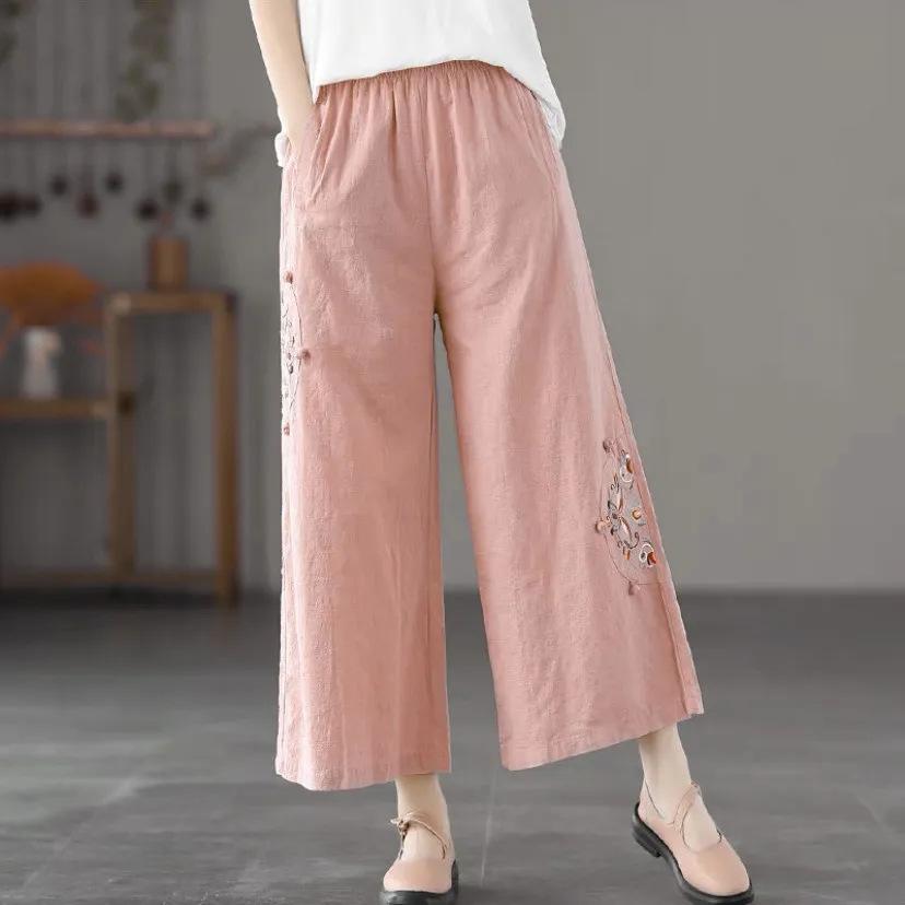 Women's Summer Cotton Wide Leg Pants Loose Vintage Elastic Waist Straight Leg Embroidered Pants Casual Pants