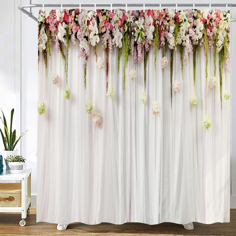 Home Shower Curtains For Bathroom Waterproof Fabric Nordic Style Artificial Flower Wall Pattern Bathroom Curtains Shower Curtain