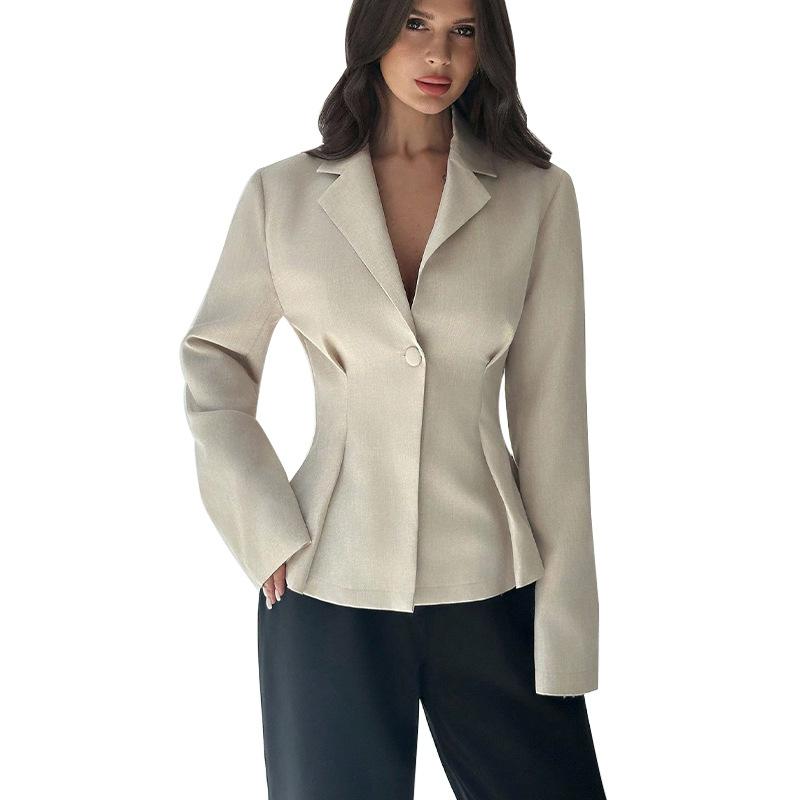 Autumn Winter Women's Single Button Blazer, V-Neck Waist-Defining Open Front Cardigan with Solid Color Design, French Style Office Coat