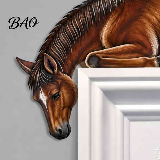 Rustic Home Ornaments Western Horse Wooden Door Topper Decor, 2D Printed Frame Vintage Interior Wood Craft Ornament, Top Shelf Decoration for