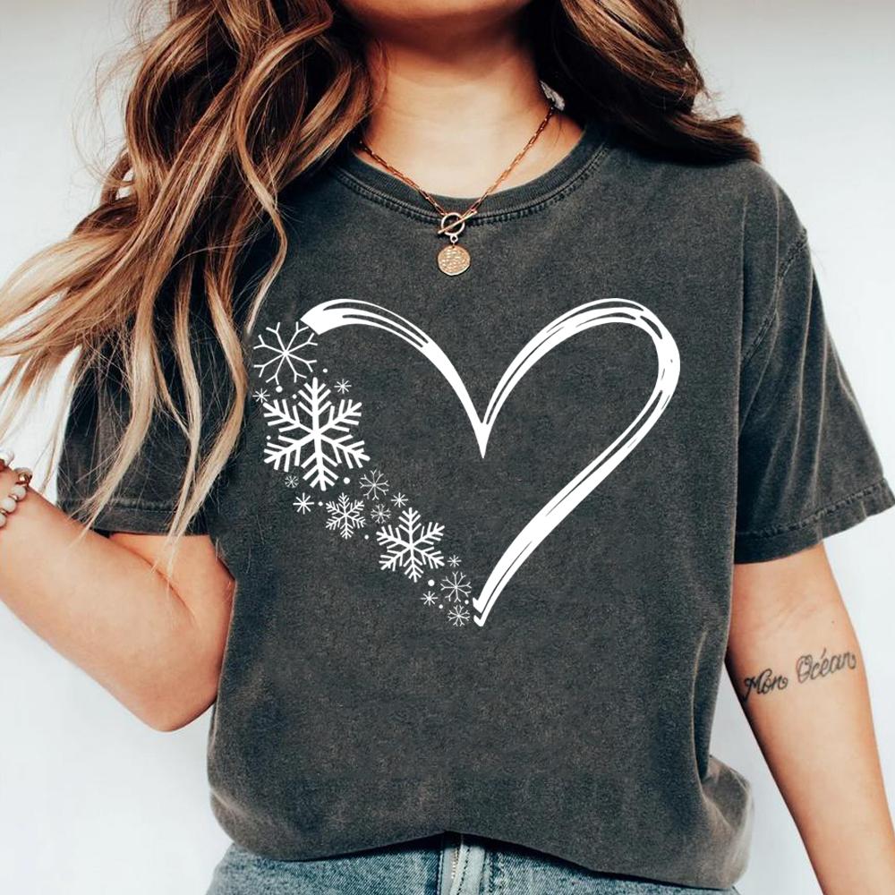 Snowflake Tshirt Christmas Snow Flake Heart Graphic Tee Cozy Winter Shirt Christmas Holiday Matching Family Shirts Xmas Gift