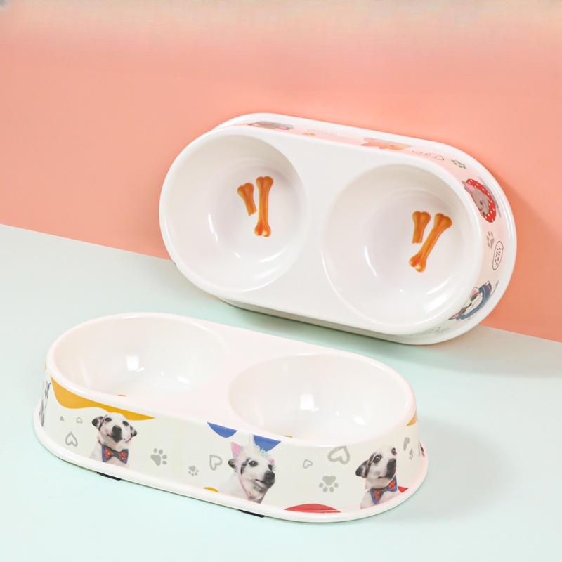 Miao Xin Bao Melamine Oval Double Bowls, Cute Colorful Printed Pet Food Sets, Cat Double Bowls