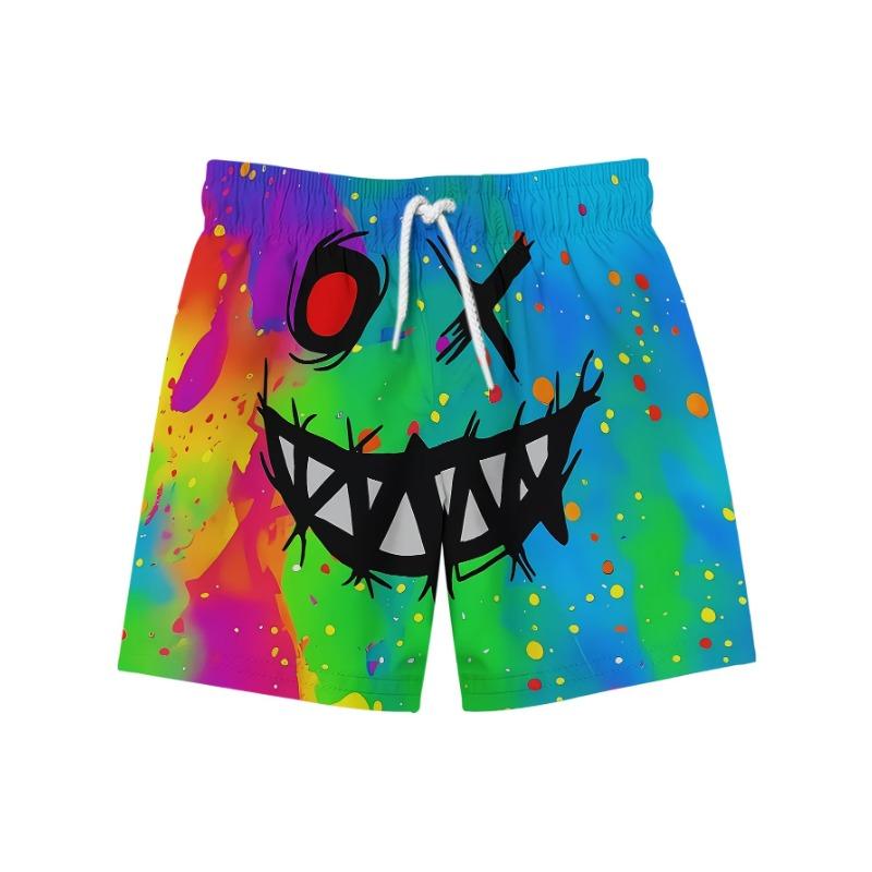 Herren Rainbow Tie Dye Grusliges Monstergesicht Spritzer Graffiti Print Badeshorts Elastischer Kordelzugbund Mit Taschen Abstrakt Gruselig C