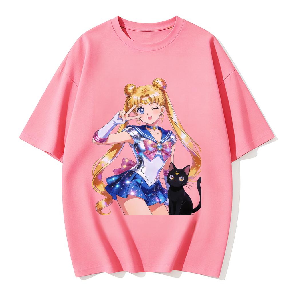 Summer  Hot Sailor Moon Tsukino Usagi  Luna Cat T-shirt Print Casual Tee Parent-child Matching Tops Versatile