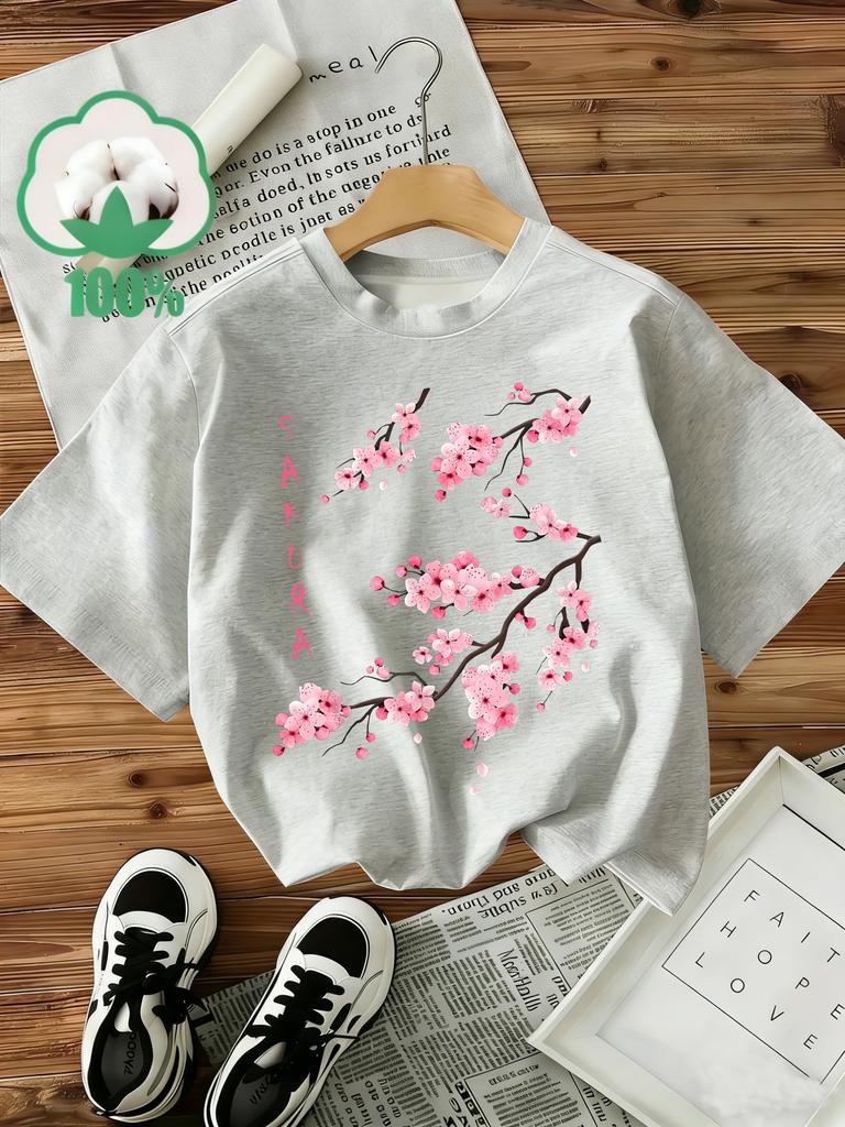 100% Baumwolle T-Shirt Floral Sakura Damen Y2k Stil T-Shirt Grafik Blumendruck Kurzarm Rundhals Oberteil Shirt Lässig
