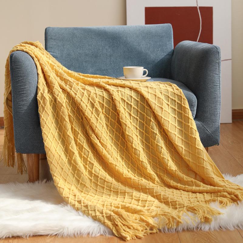 Nordic Morandi color knitted blanket with grain pattern, new spring-summer knitted sofa cover, decorative blanket, bed runner in haze blue