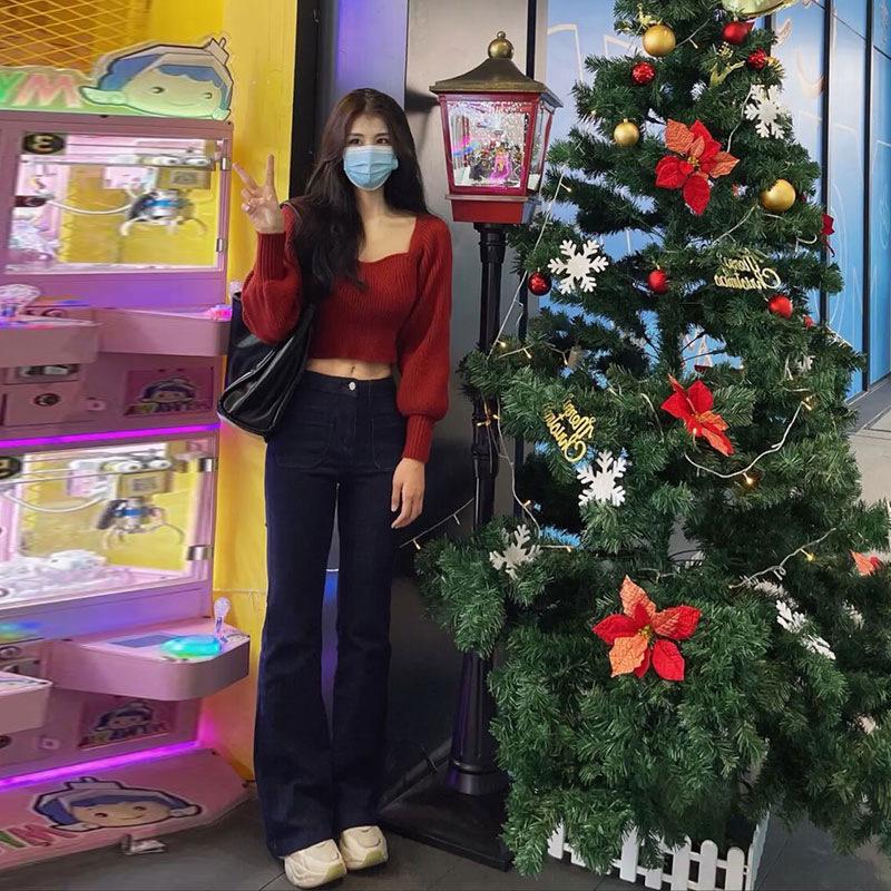 Minimalist Square Collar Off-Shoulder Long-Sleeve Crop Knit Sweater for Women - Early Autumn Style