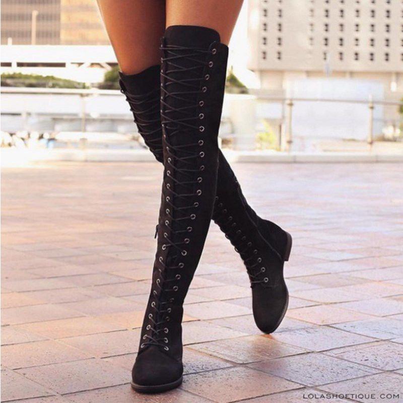 Luxurious Womens Lace Up Low Heel Thigh High Over The Knee Stretch Riding Boots Shoes