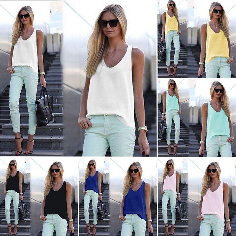 Stylish Womens V Neck Chiffon Sleeveless Vest Comfortable Loose Casual Summer Shirt