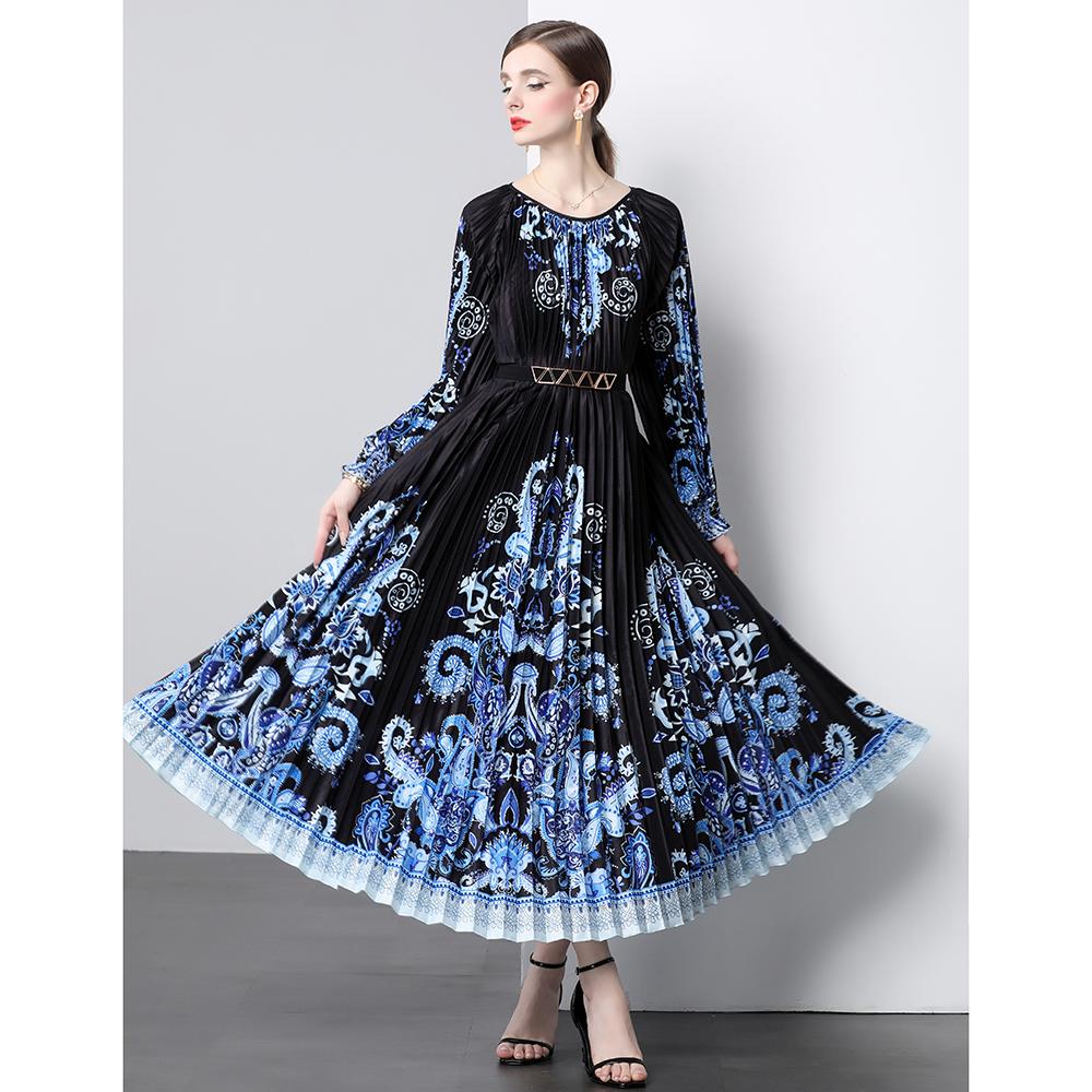 Autumn Women Vintage Print Designer Loose Runway Robe Long Maxi Holiday Party Dresses with Belt
