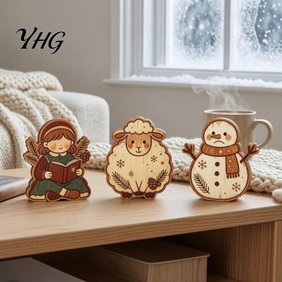 Desktop Christmas Tree Decor Wooden Ornaments, Vintage Colorful Decoration, Rustic Holiday Wood Figurines Miniature Snowman Figures with Pine