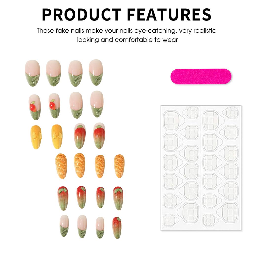 3D Mango Press On Nails 24Pcs Korean Style Artificial Nails with Gradient Green Yellow Design for Daily Party Wedding