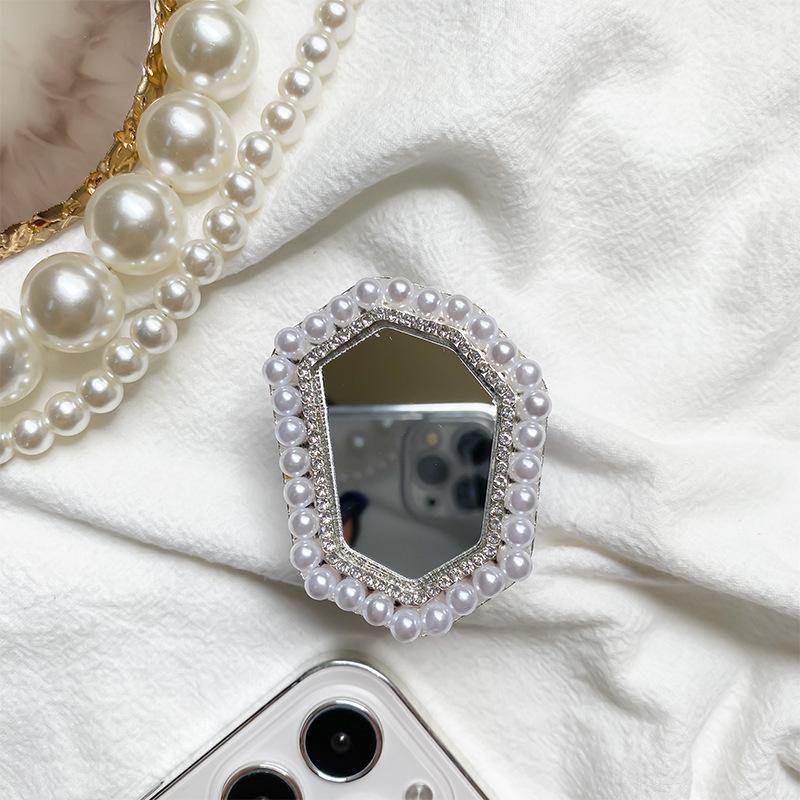 Mobile Phone Airbag Bracket, Pearl Ring Portable Vanity Mirror, Pasted Retractable Desktop Support, Stable, Niche, Portable