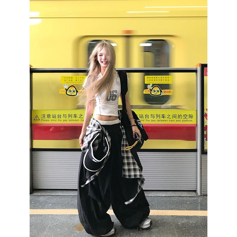 Retro Black Casual Pants Women's Summer Street Jersey Style Street Dance Stacked Wearing Loose Tooling Pants Tide