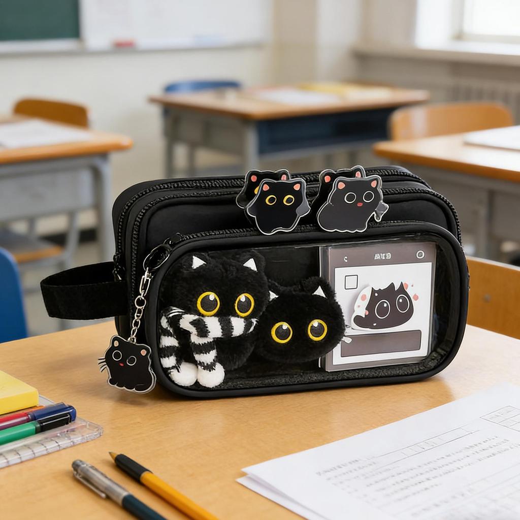 Astuccio Portapenne Gatto Carino con 10 Scomparti, Organizer per Cancelleria ad Ampia Capacità con Adesivi e Penne Gel, Astuccio per Penne Materiale Scolastico