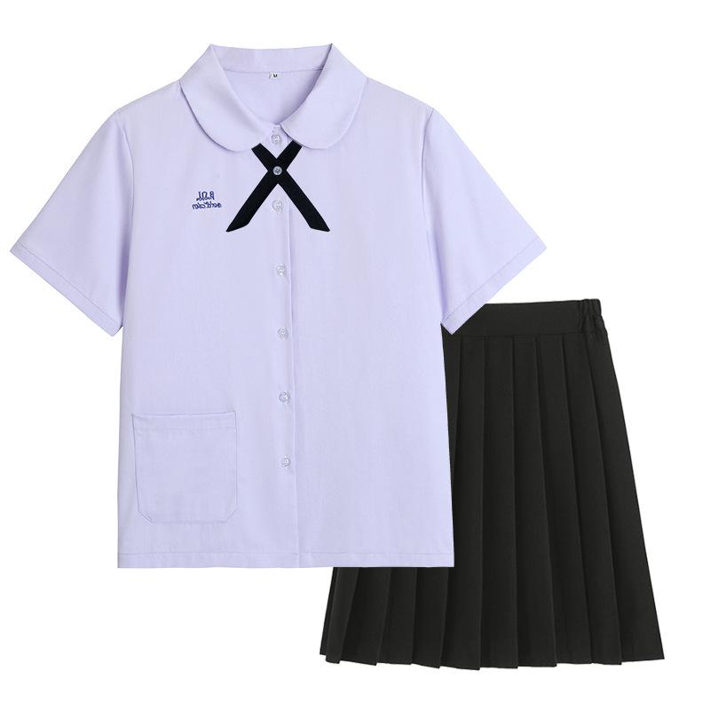 Thai Style Girls' Short/Long Sleeve School Uniform Shirt with Embroidered Badge for JK High School Students