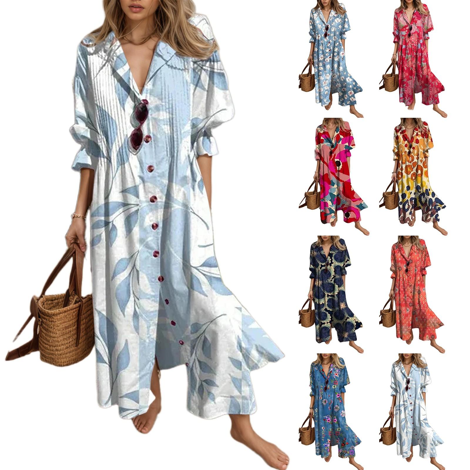 

Womens Long Sleeve Button Down Maxi Dress Floral Printed Shirt Dresses Long Flowy Summer Dress L