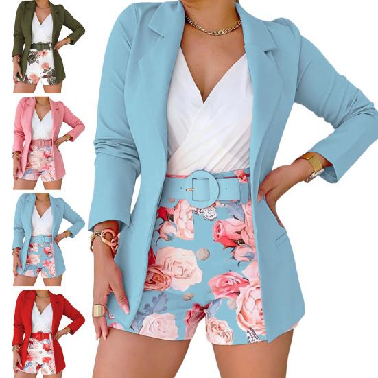 2 Stk./Set Damen Blazer Shorts Set Blumendruck Einfarbig Mantel Lange Ärmel