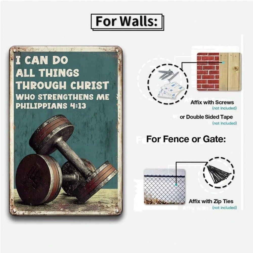 Religious Fitness Metal Plaque, Vintage "Philippians 4:13 Dumbbell" Decor, Home Art Accent for Christian & Workout Fans