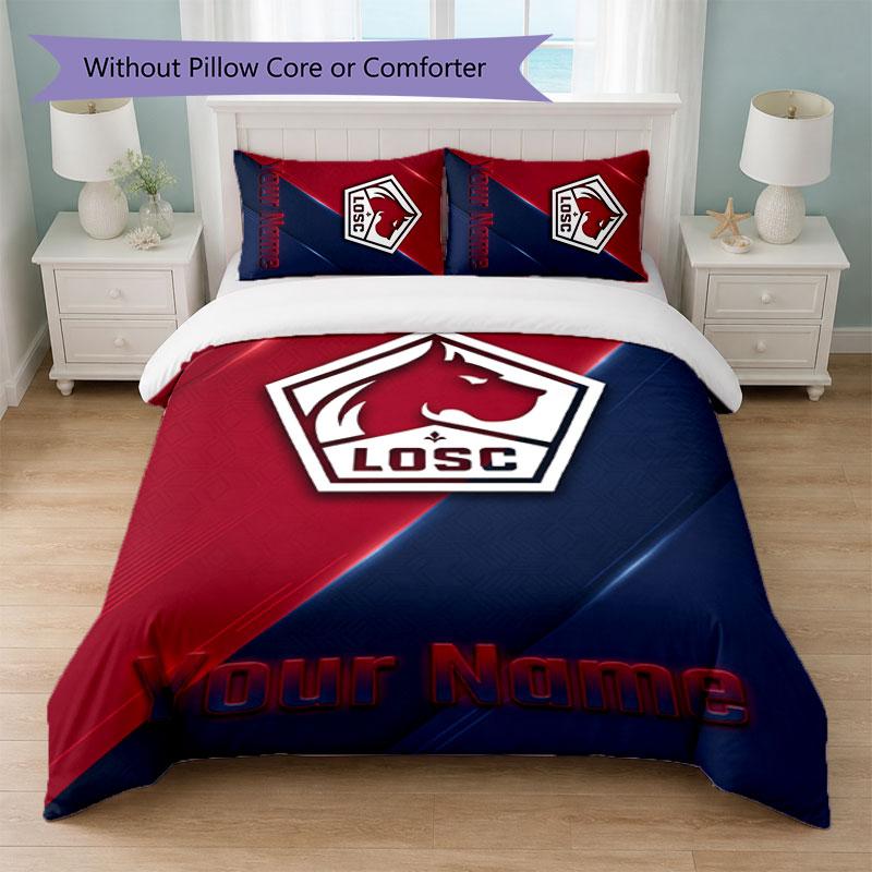 LOSC Lille Custom Name Text Bedding Set 1 Duvet Cover+2 Pillowcases Soccer Logo Personalized Gift For Special Occasion Bedroom Decor