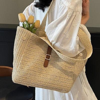 Sac de Paille Grande Capacité à Épaule Unique pour Femmes Printemps et Été Nouveau Sac Tissé Loisirs Vacances Bord de Mer Sac de Plage