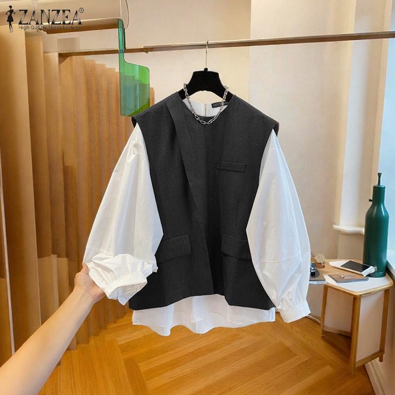 ZANZEA Blusa Casual de Manga Larga con Cuello Redondo para Mujer